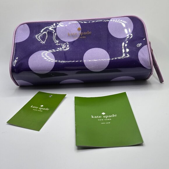 KATE SPADE Henrietta Cosmetic Bag Makeup Case Leather Pull Purple Polka Dots - Picture 1 of 6
